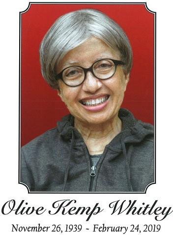 Picture of Olive Kemp Whitley. Image Caption: Olive Kemp Whitley November 26, 1939 - February 24, 2019.